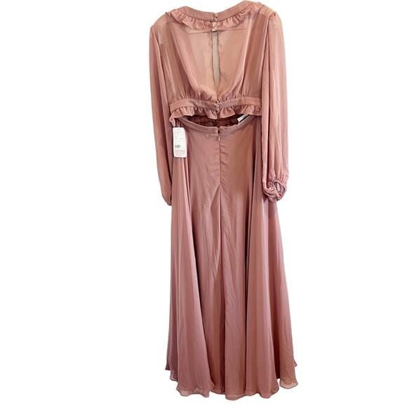 NWT Dessy 4 Lovely $256 Bishop Sleeve Ruffled Chiffon Cutout Maxi Dress - Picture 5 of 8